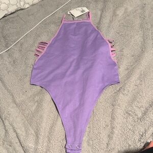 Purple Halter Bodysuit with Pink Trim